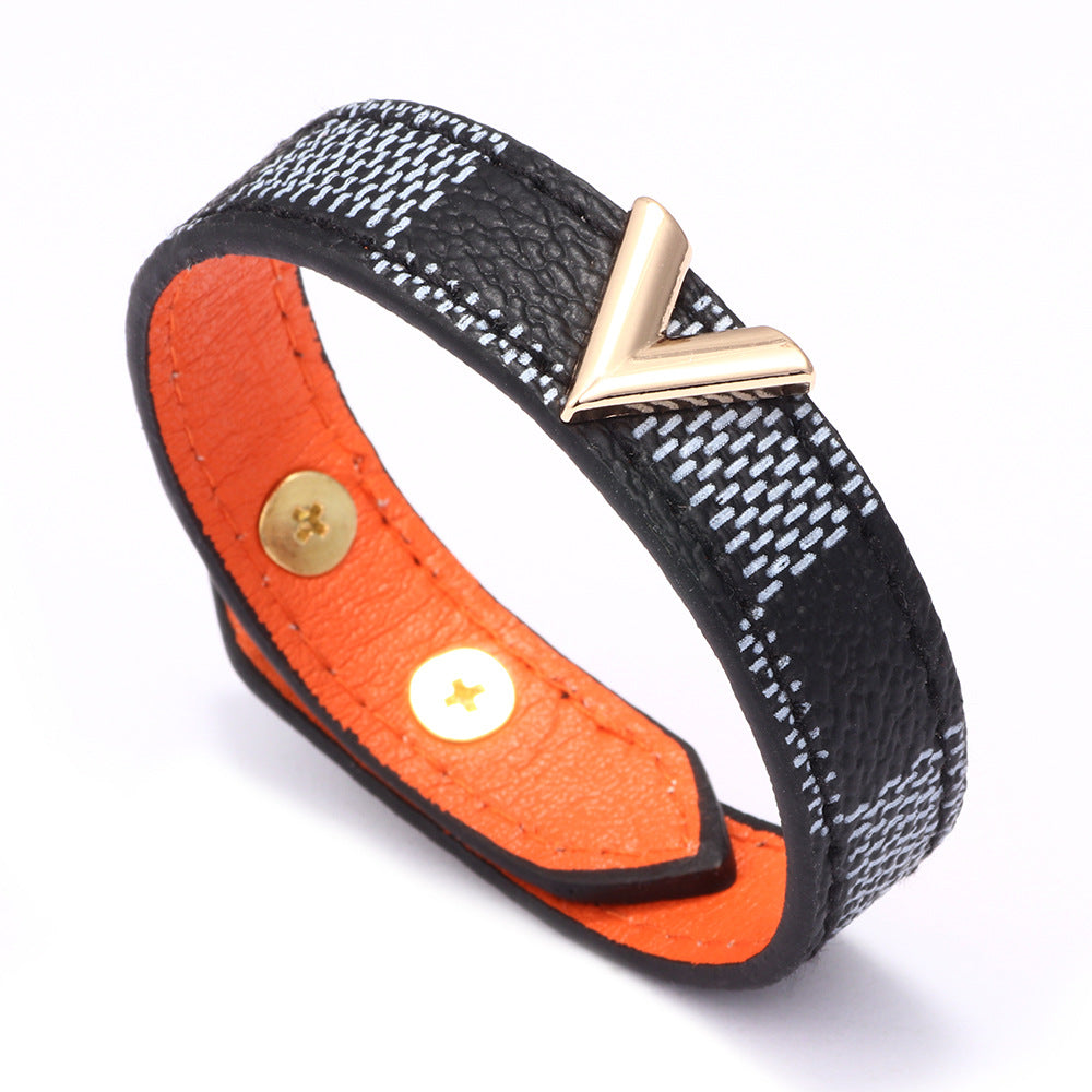 Women's & Men's V-shaped Leather Striped Ornament Bracelets