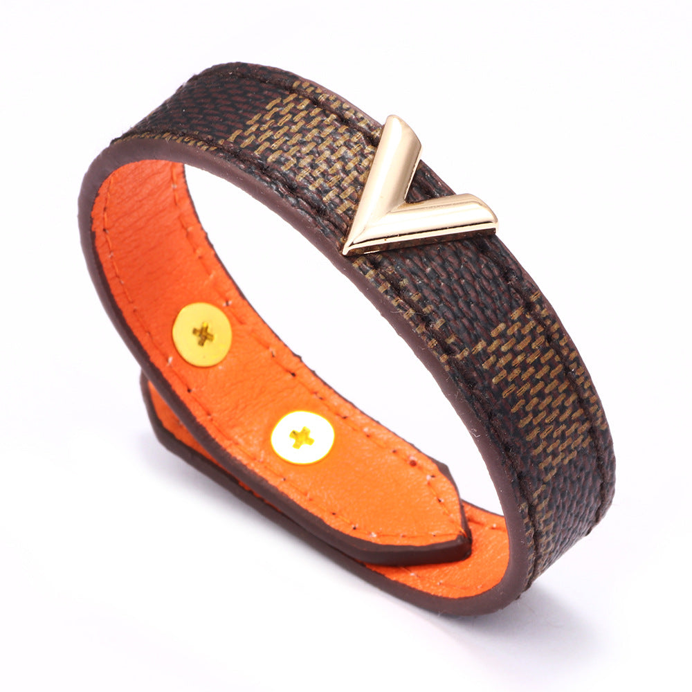 Women's & Men's V-shaped Leather Striped Ornament Bracelets