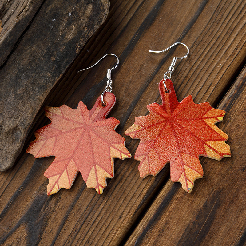 Autumn Pumpkin Thanksgiving Day Leather Maple Earrings