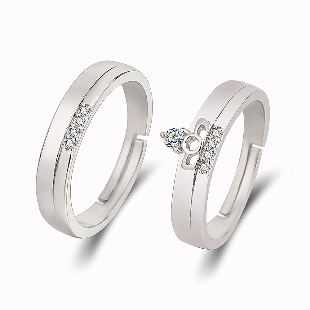 Women's & Men's Temperament Sier Korean Style Creative Opening Marriage Zircon Couple Ring
