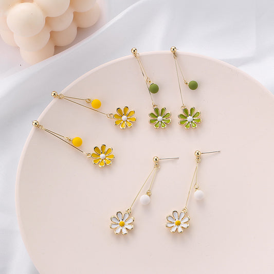 Green Flowers Daisies Fresh Trendy Korean Style Elegant No Ear Clip