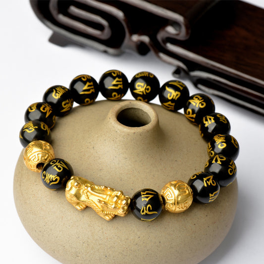 Men's Obsidian Alluvial Gold Lucky Ethnic Style Six Bracelet