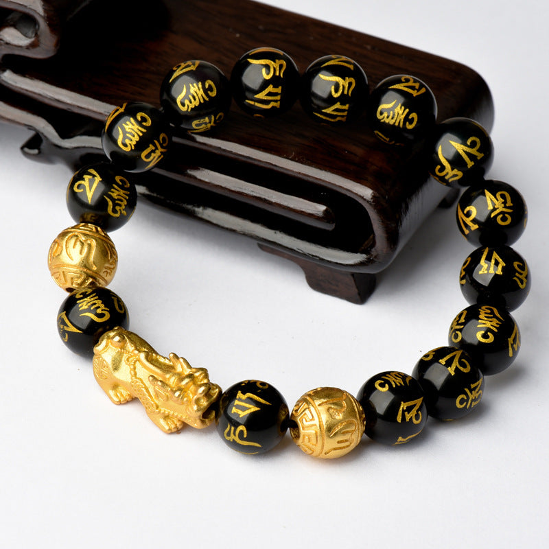 Men's Obsidian Alluvial Gold Lucky Ethnic Style Six Bracelet