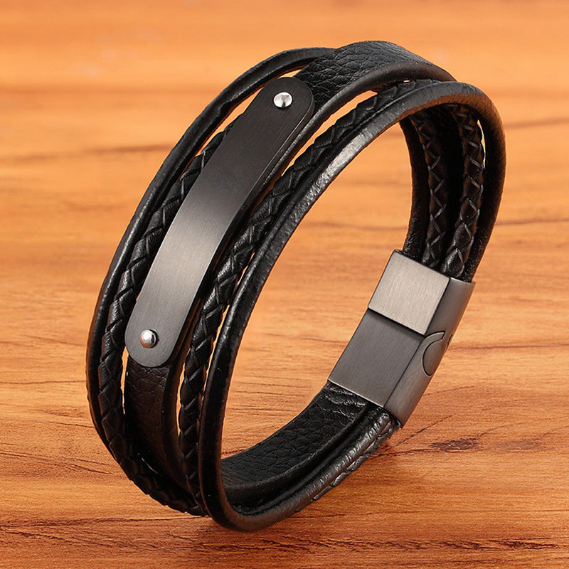 Men's Leather Stainless Steel Snap Button Ornament Bracelets