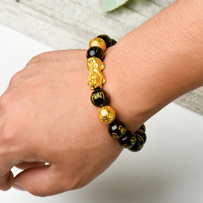 Men's Obsidian Alluvial Gold Lucky Ethnic Style Six Bracelet