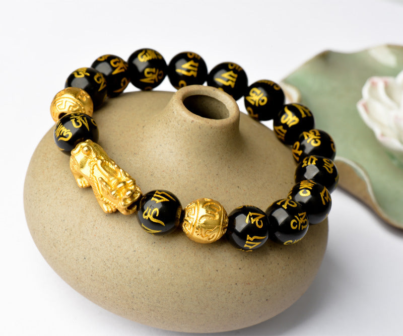 Men's Obsidian Alluvial Gold Lucky Ethnic Style Six Bracelet