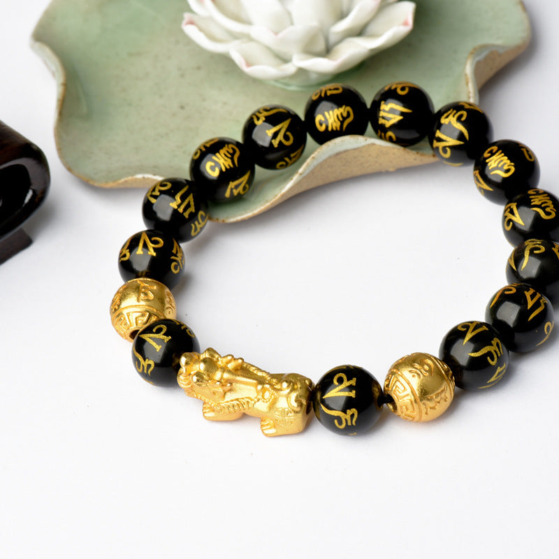 Men's Obsidian Alluvial Gold Lucky Ethnic Style Six Bracelet
