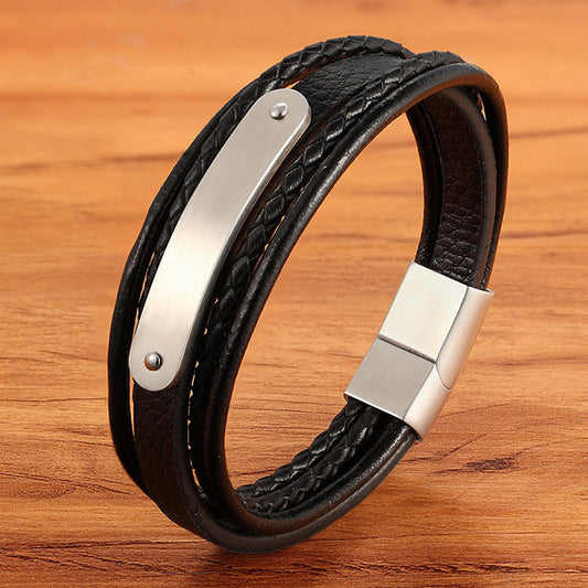 Men's Leather Stainless Steel Snap Button Ornament Bracelets