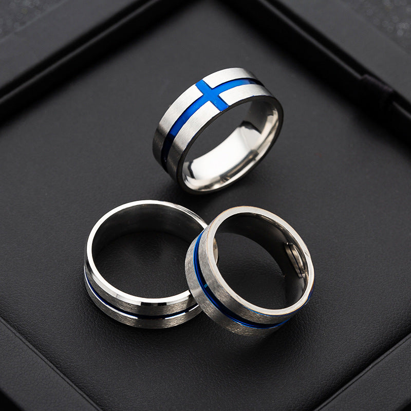 Men's Steel Ornament Wide Matte Middle Blue Rings