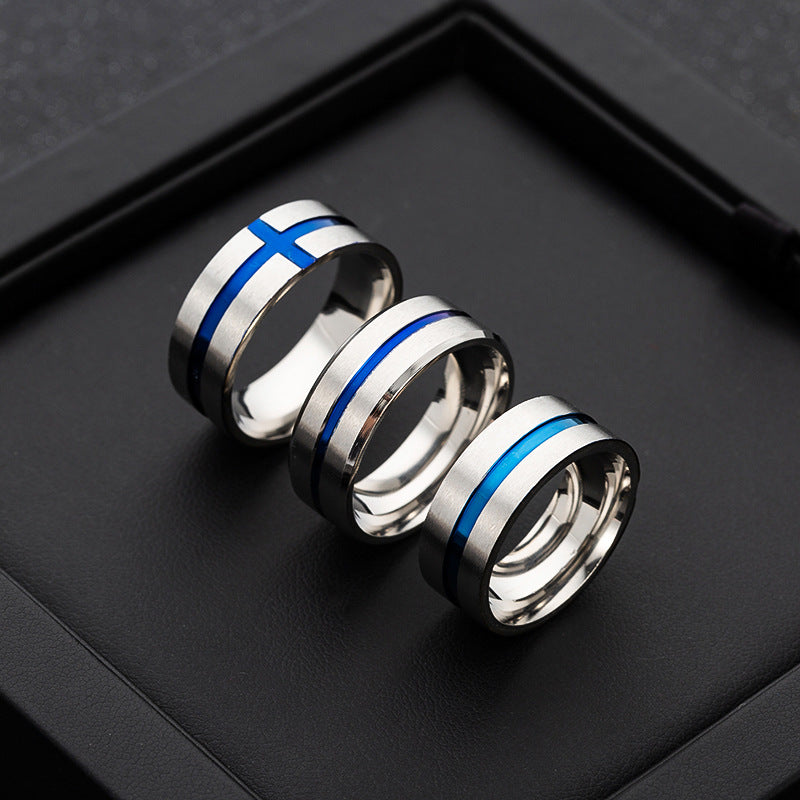 Men's Steel Ornament Wide Matte Middle Blue Rings