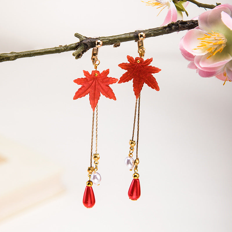 Women's Chinese Style Antique Ear Clip Red Earrings