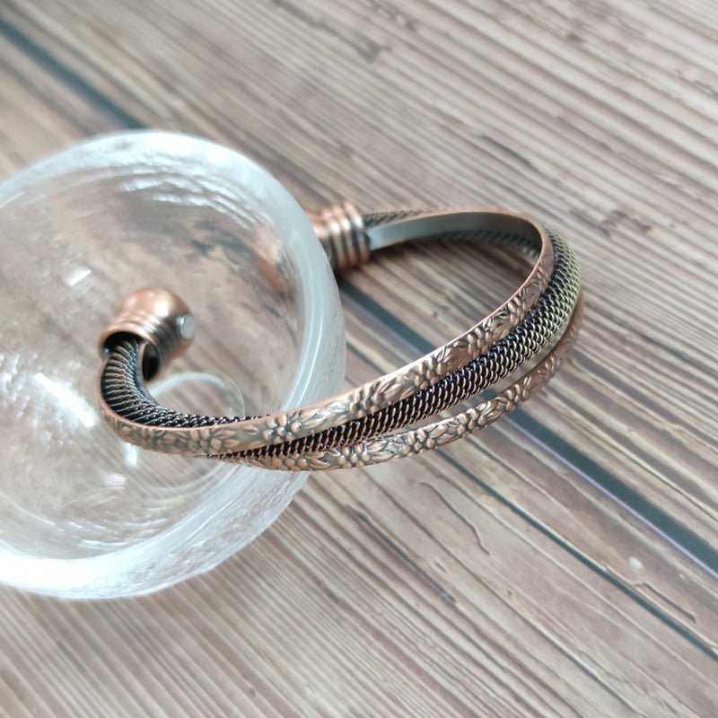 Red Copper 2 Magnetic Button Curved Round Fatigue Bracelet