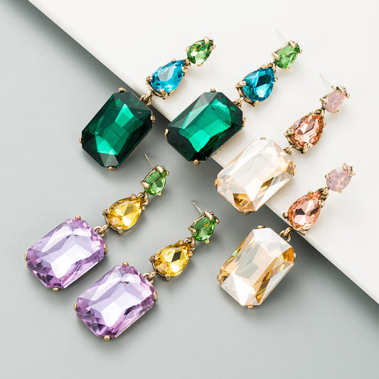 Sier Needle Stylish Colored Diamond Series Geometric Big Rhinestone Simple Earrings