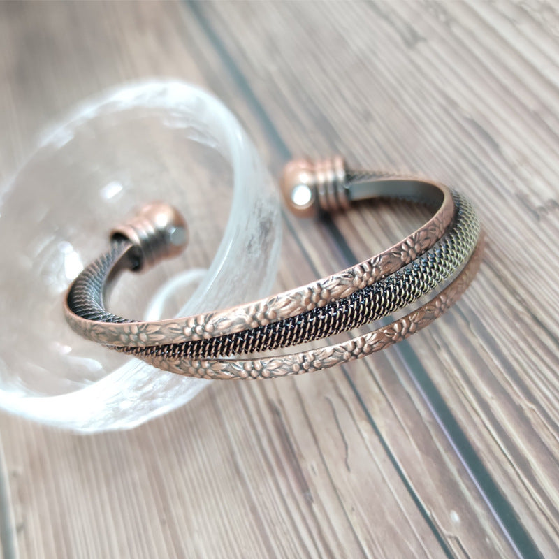 Red Copper 2 Magnetic Button Curved Round Fatigue Bracelet