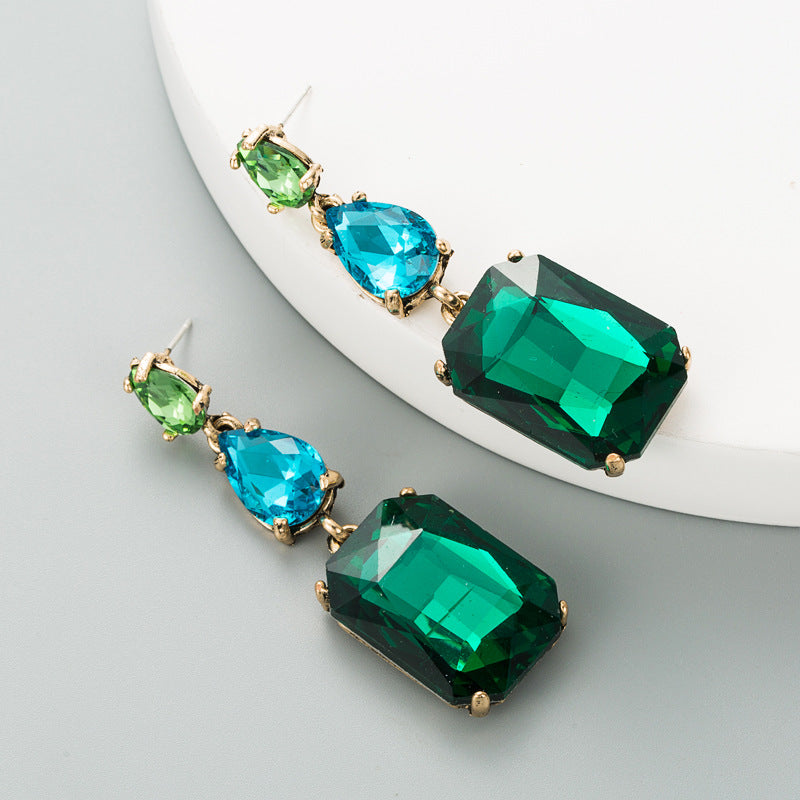 Sier Needle Stylish Colored Diamond Series Geometric Big Rhinestone Simple Earrings
