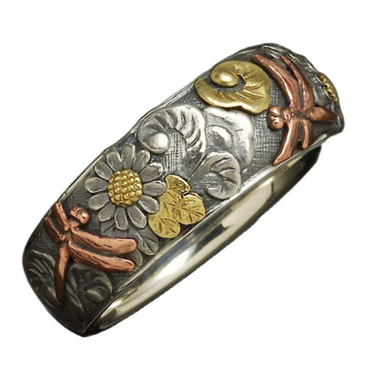 Ornament Vintage Carved Pattern Dragonfly Flower Rings