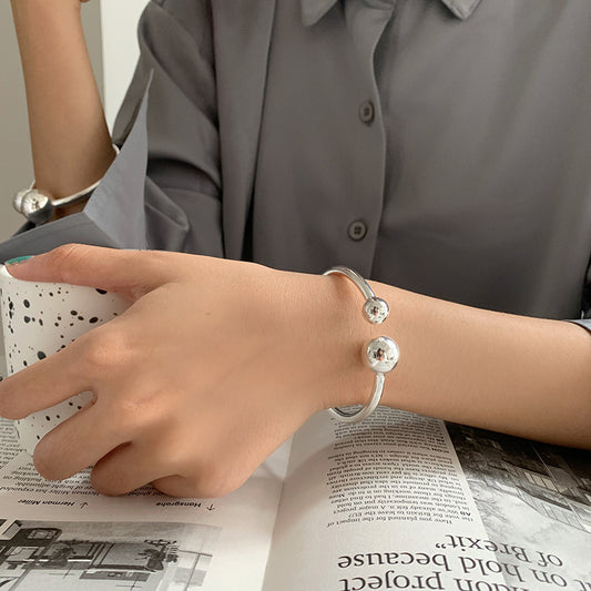 Sier Solid Double Ball Female Opening Design Cold Handmade Hand Bracelet
