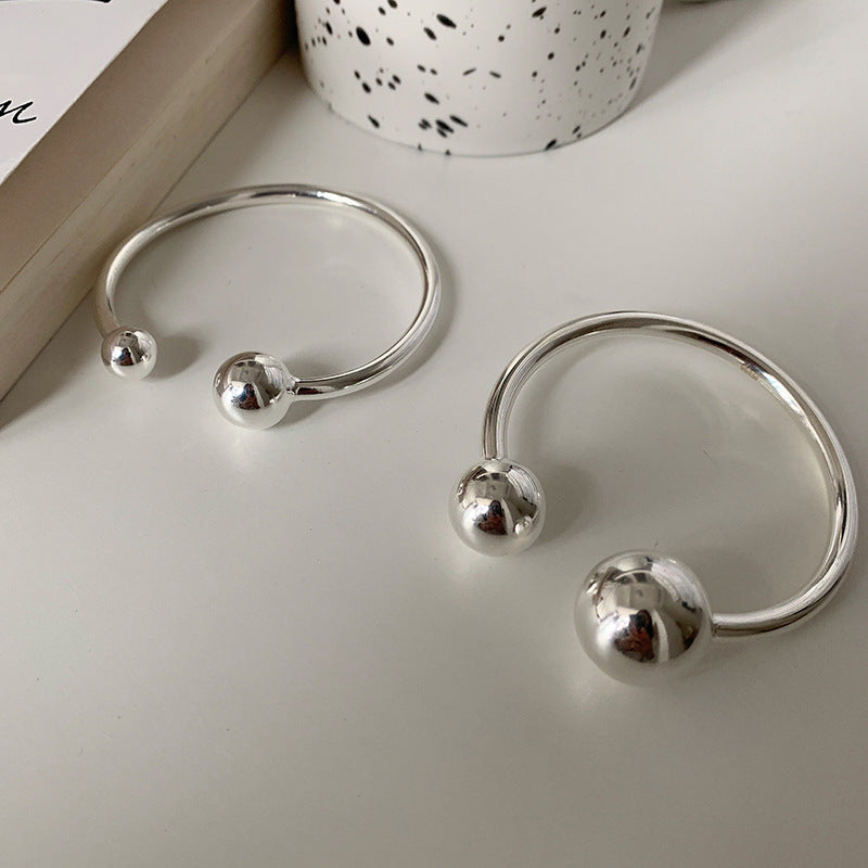 Sier Solid Double Ball Female Opening Design Cold Handmade Hand Bracelet
