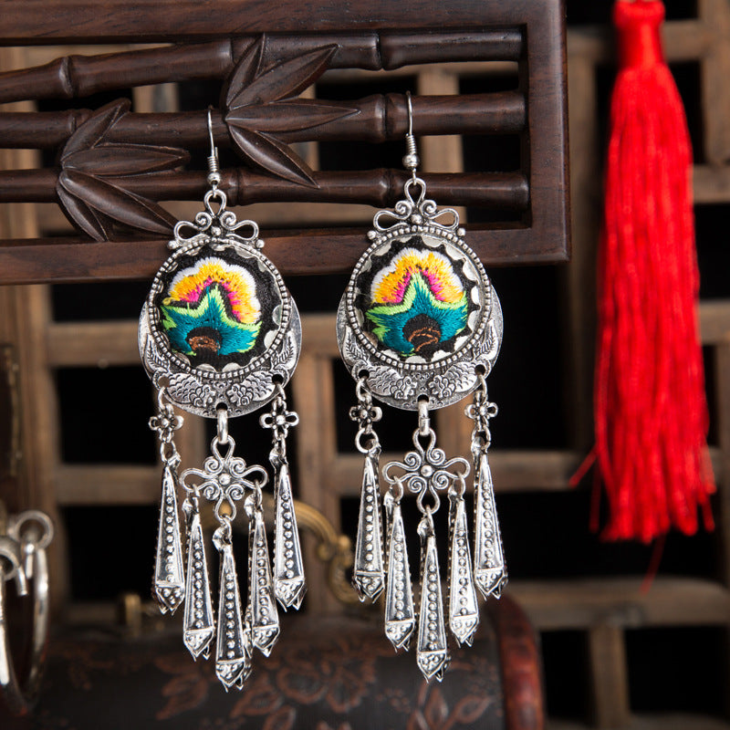 Style Long Embroidery Bohemian Tassel Miao Earrings