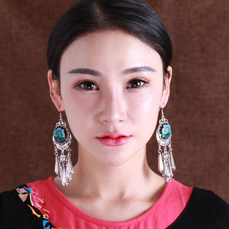 Style Long Embroidery Bohemian Tassel Miao Earrings