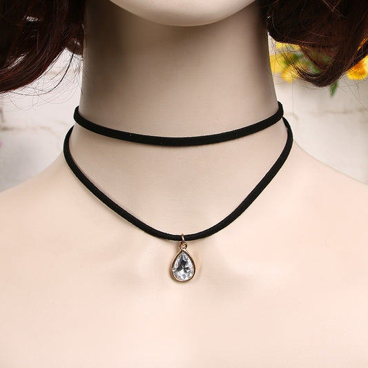 Women's Double Layer Suede Square Diamond Black Onyx Short Retro Necklaces
