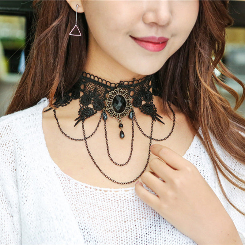 Tassel Pearl Vintage Black Lace Halloween Necklaces