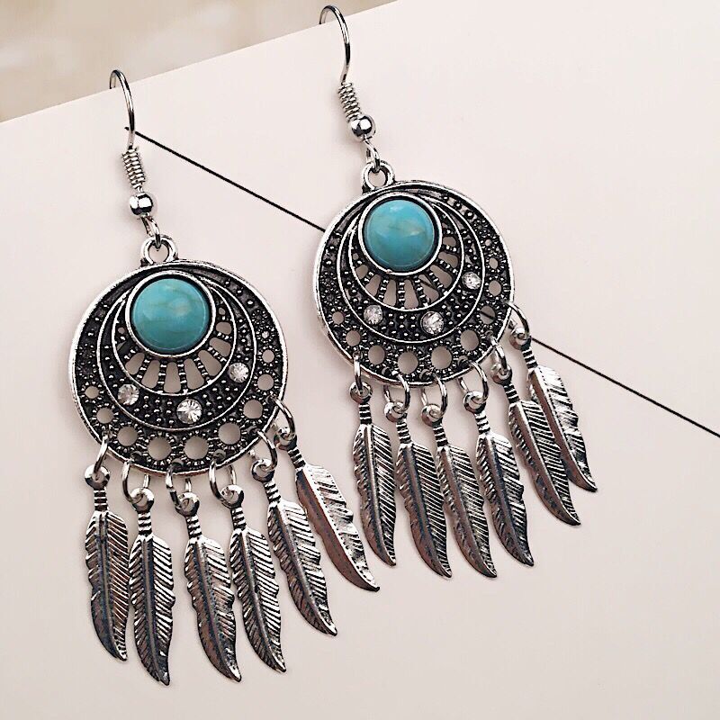 Retro Ethnic Style Leaf Tassel Turquoise Earrings