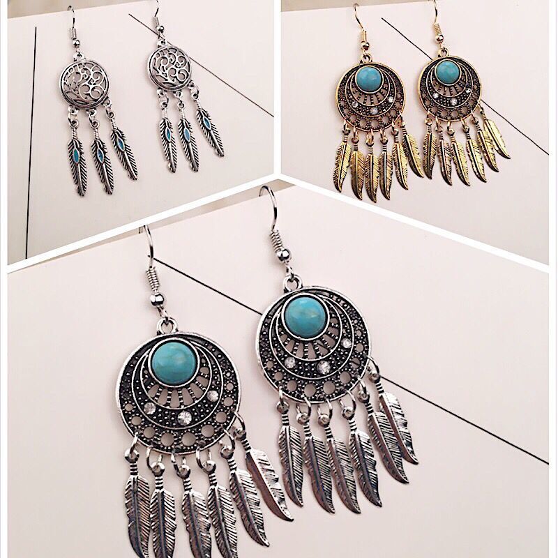 Retro Ethnic Style Leaf Tassel Turquoise Earrings