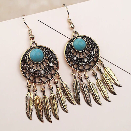 Retro Ethnic Style Leaf Tassel Turquoise Earrings