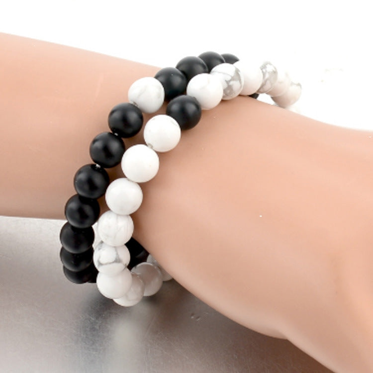 Women's & Men's Ornament Matte Black White Turquoise Couple Bracelets