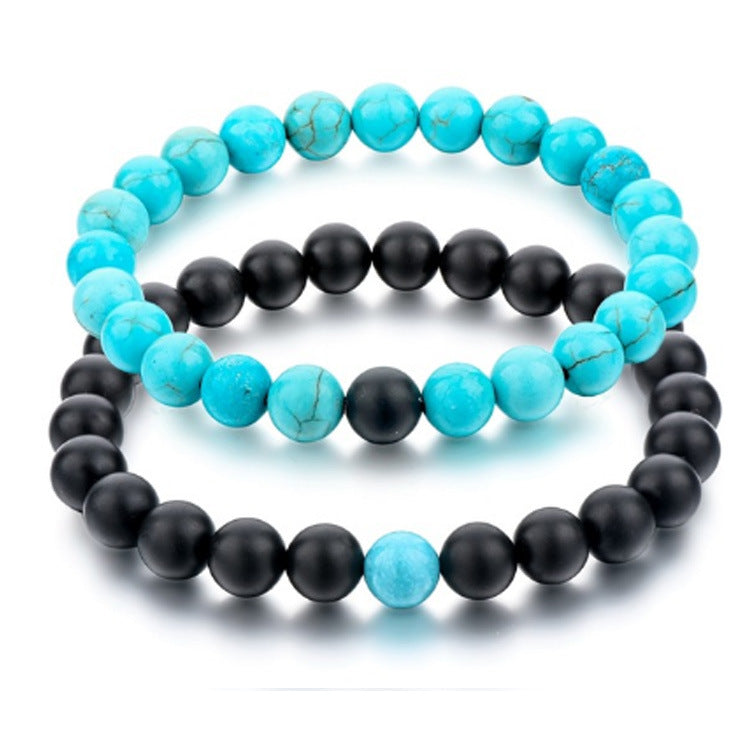 Women's & Men's Ornament Matte Black White Turquoise Couple Bracelets