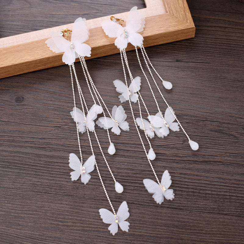 Style Bridal Makeup Long Flower Butterfly Yarn Earrings