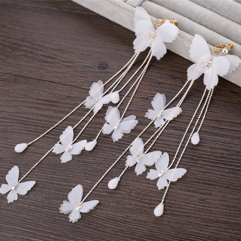 Style Bridal Makeup Long Flower Butterfly Yarn Earrings