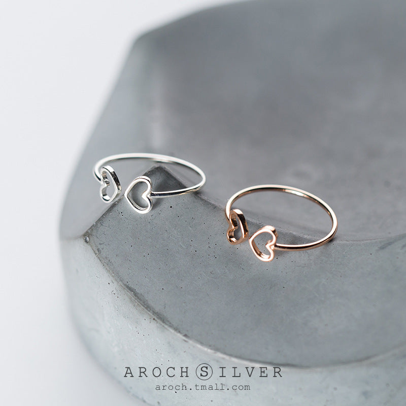 Women's Sier Korean Fresh Loving Heart With Rings