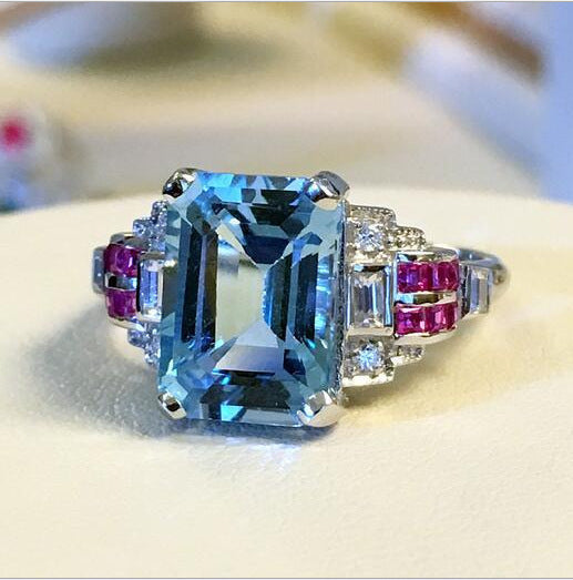 Topaz Aquamarine Inlaid Red Corundum Ornament Rings