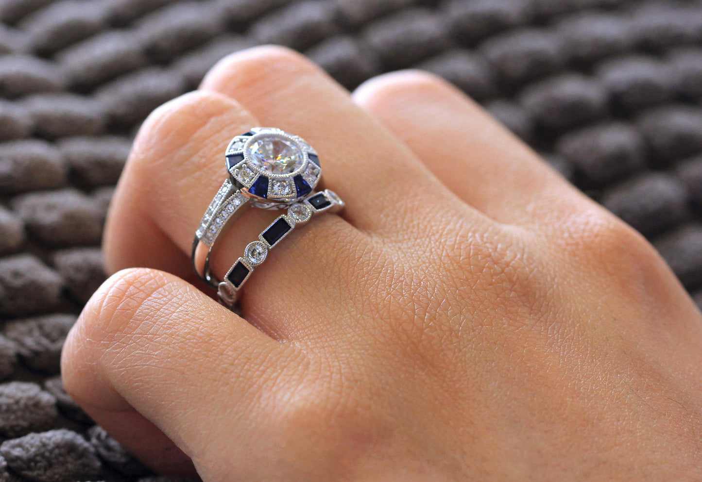 Synthetic Blue Topaz Square Diamond Female Rings