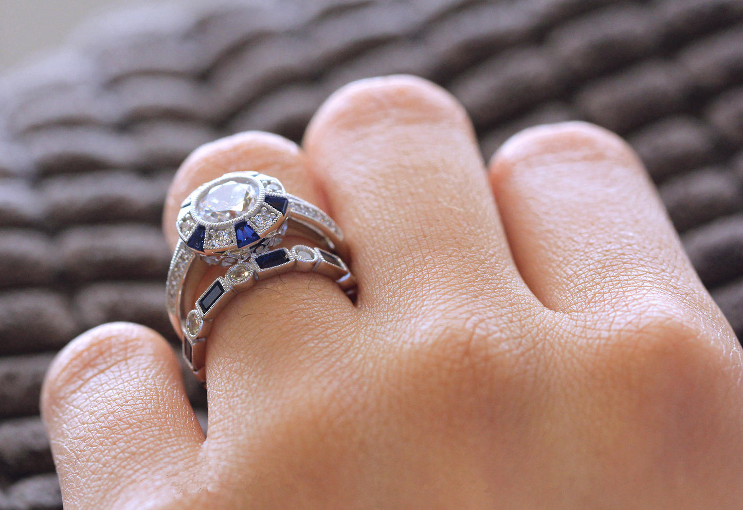 Synthetic Blue Topaz Square Diamond Female Rings
