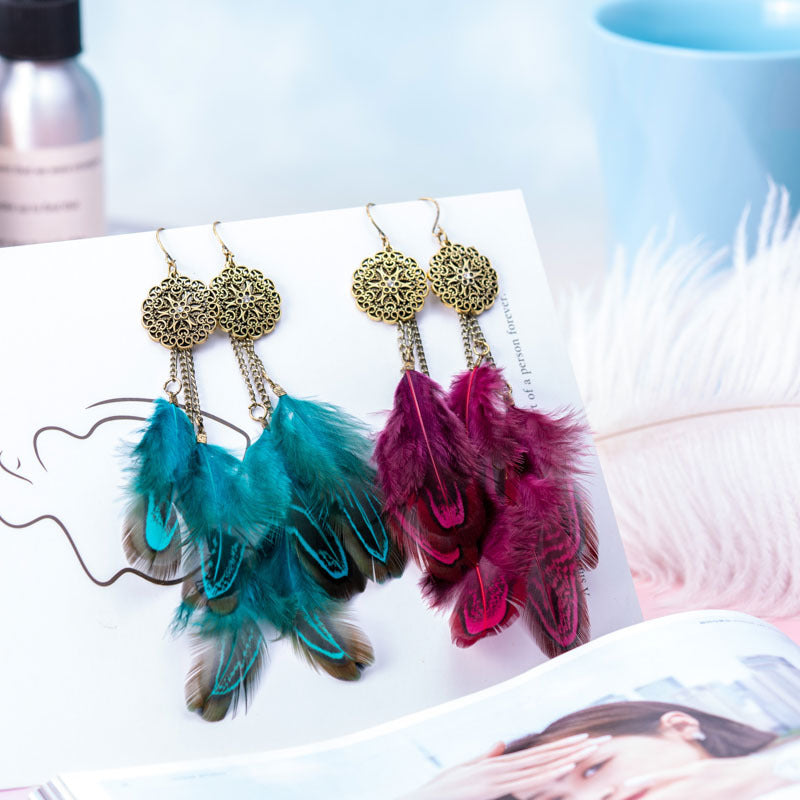 Exaggerated Feather Personalized Ethnic Style Long Earrings