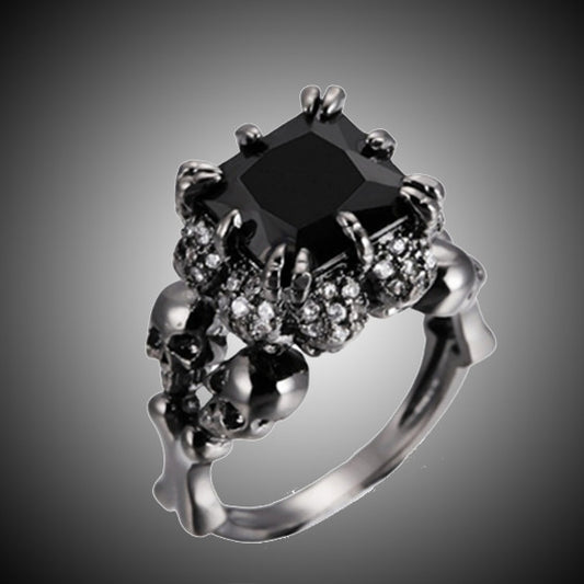 Alloy Inlaid Square Gemstone Black Skull Rings