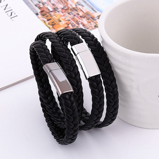 Fashion Simple Personality Two-circle Woven Leather Magnetic Bracelet