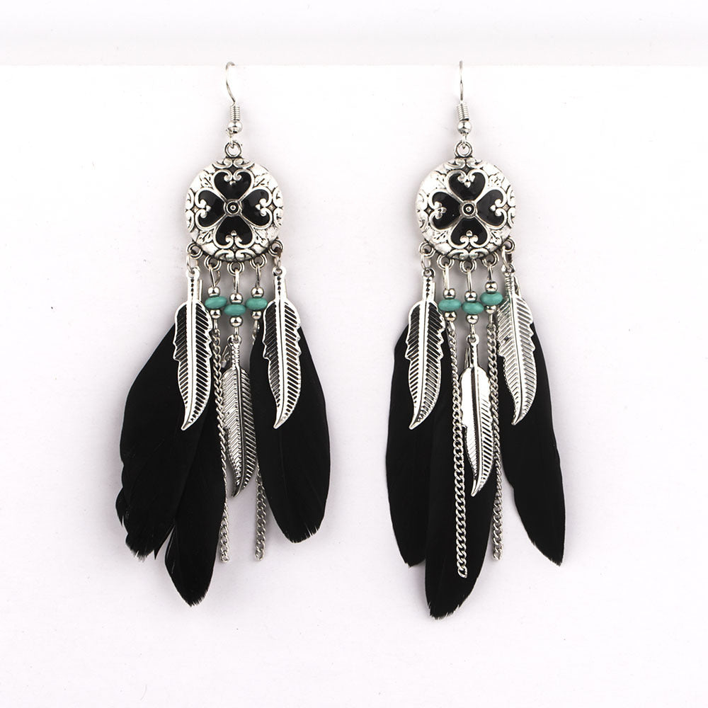 Women's Style Ornament Drop Oil Feather Tassel Long Elegant Earrings