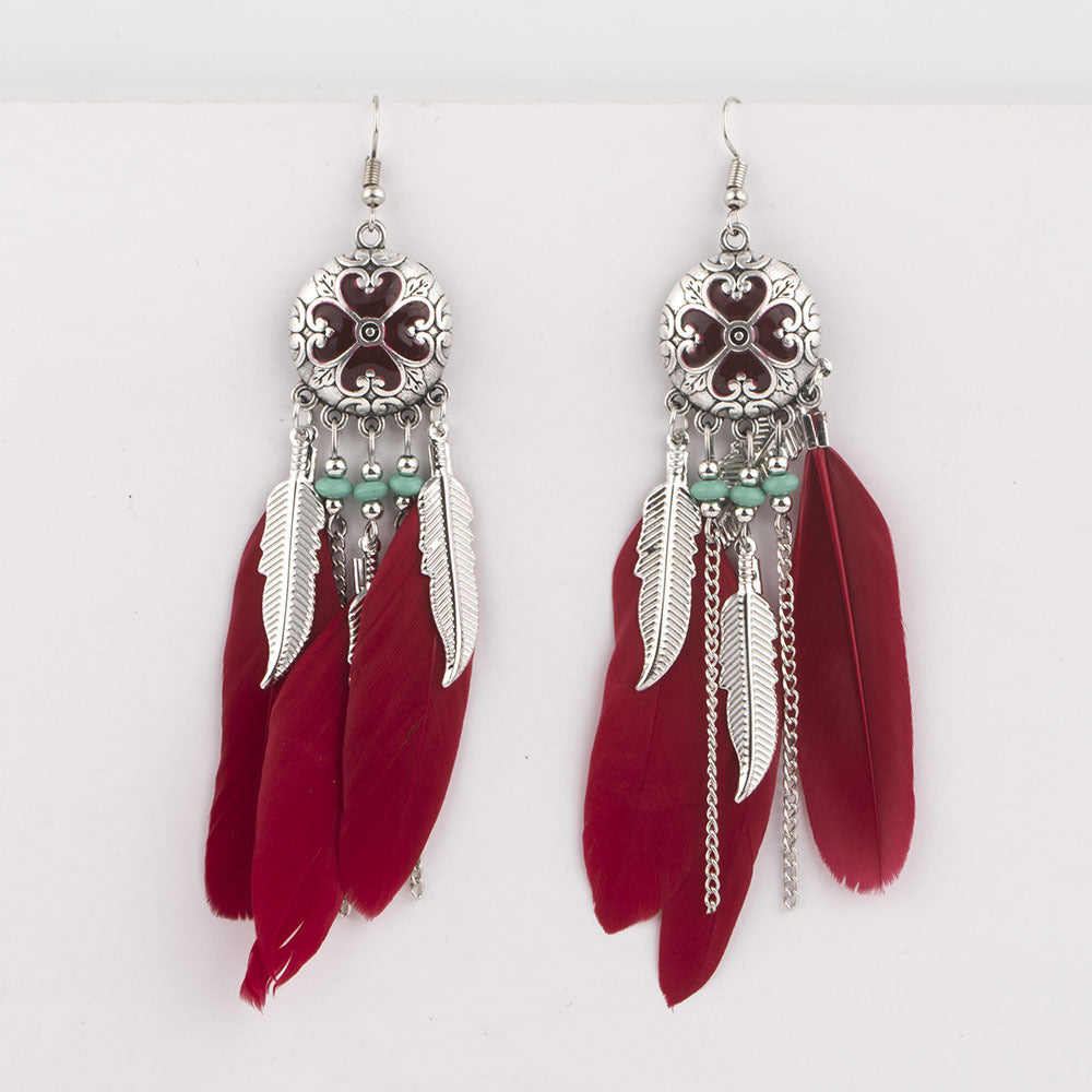 Women's Style Ornament Drop Oil Feather Tassel Long Elegant Earrings