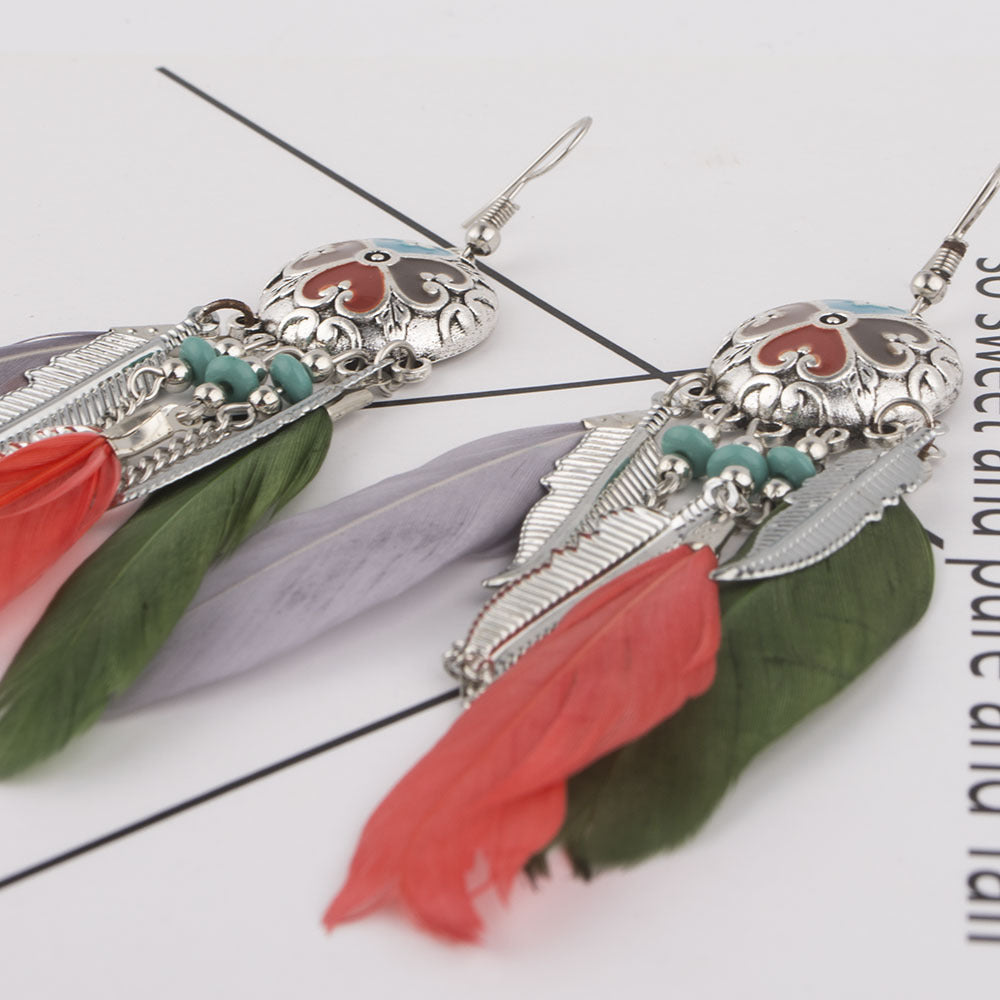 Women's Style Ornament Drop Oil Feather Tassel Long Elegant Earrings