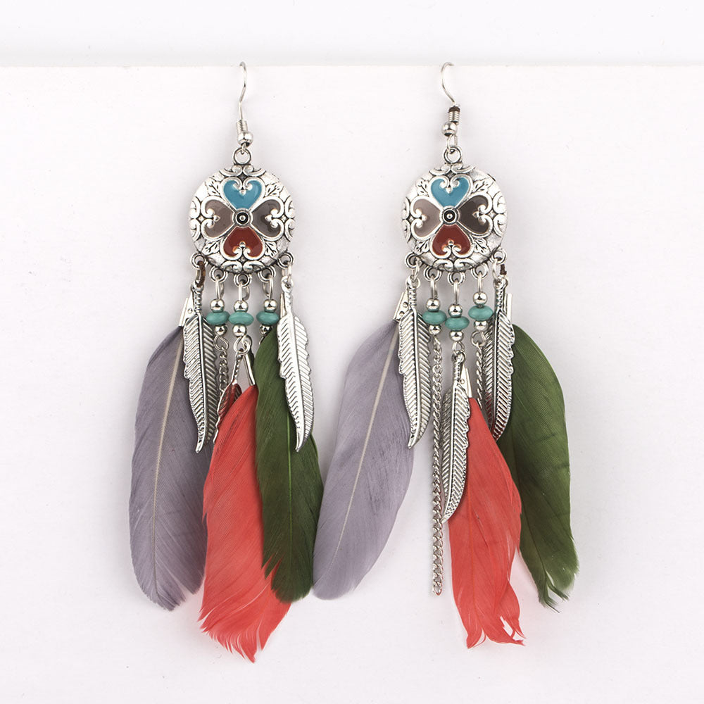 Women's Style Ornament Drop Oil Feather Tassel Long Elegant Earrings