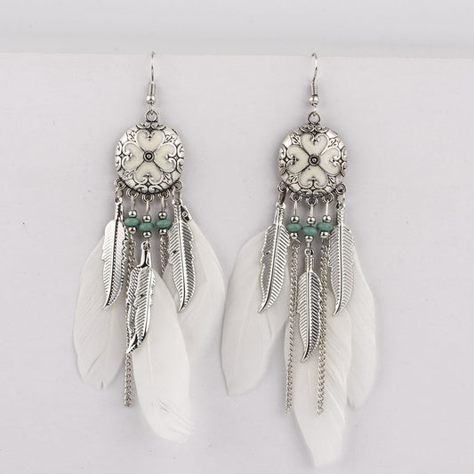 Women's Style Ornament Drop Oil Feather Tassel Long Elegant Earrings