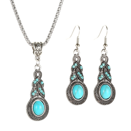 Retro Set Blue Crystal Inlaid Turquoise Earrings