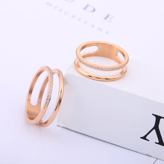 Hollow Double Layer Micro Rhinestone Couple Fashion Titanium Steel Rings