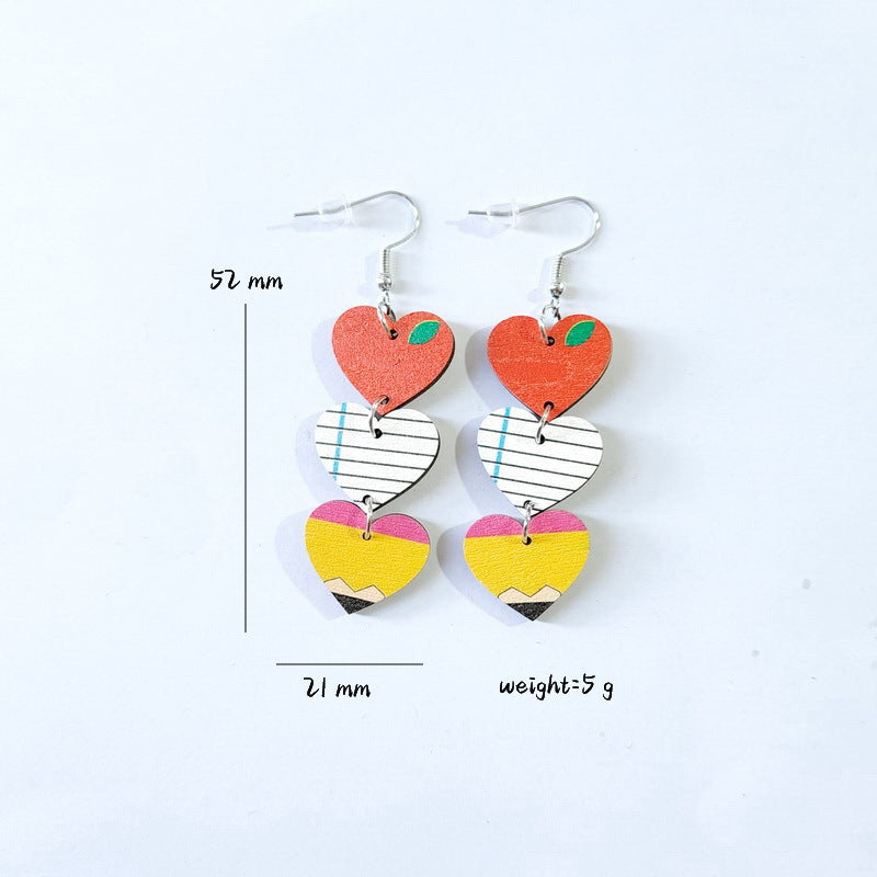 School Wooden Pencil Rainbow Ruler Love Earrings