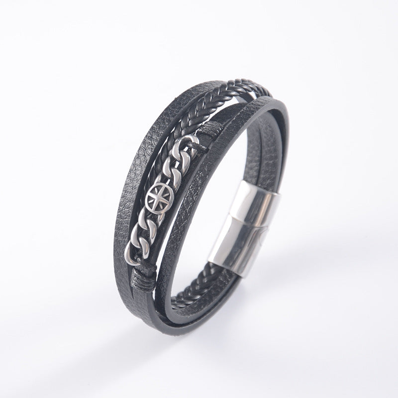 Men's Stainless Steel Chain Cross Woven Leather Bracelets