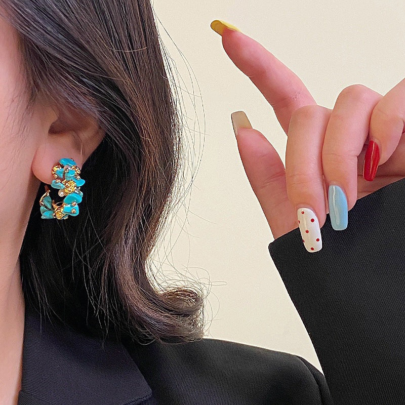 Freshwater Pearl Turquoise Bohemian Ethnic Style Ear Female Irregular Geometric Stud Earrings